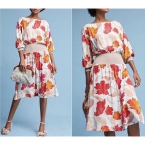 Anthropologie Maeve Gemma Blue Red Floral Print A-Line Dress Sz XSP
